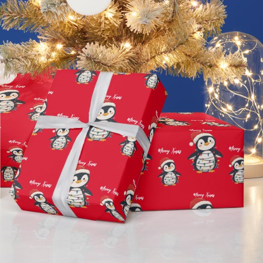 Cute penguin Merry Christmas tree winter Xmas Cadeaupapier (Feestdagen)