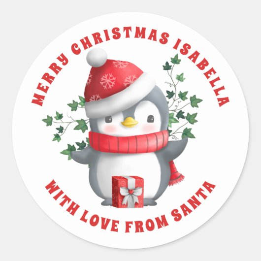 Cute Penguin Merry kerst naar Kind van Santa Ronde Sticker (Voorkant)