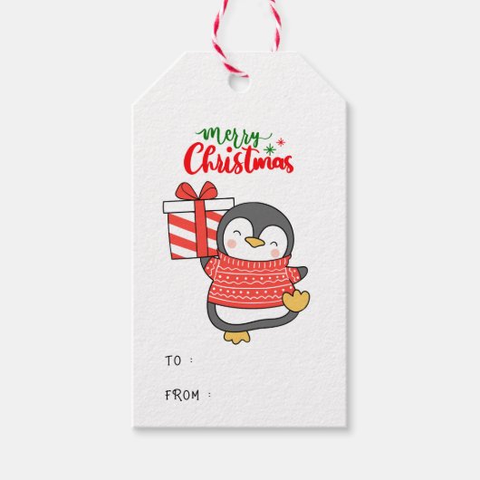 Cute Penguin Merry Kerstmis Cadeaulabel (Voorkant)
