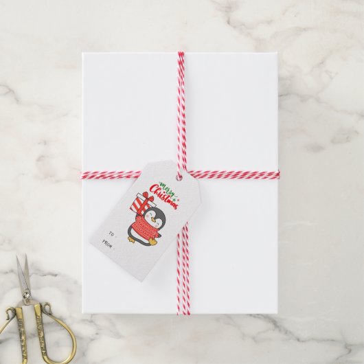 Cute Penguin Merry Kerstmis Cadeaulabel (Met Touw)