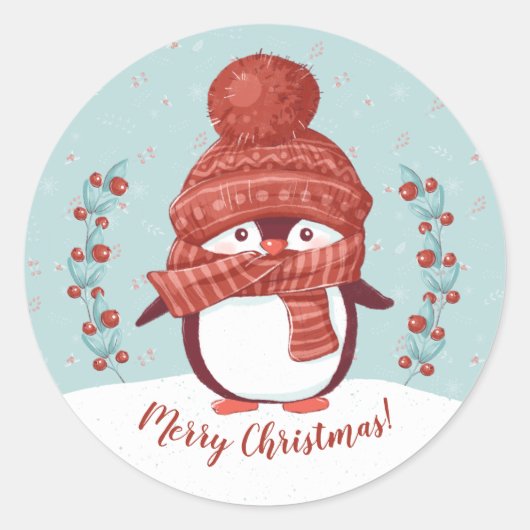 Cute Penguin Merry Kerstmis Ronde Sticker (Voorkant)