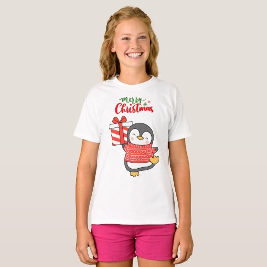 Cute Penguin Merry Kerstmis T-shirt (Voorkant volledig)