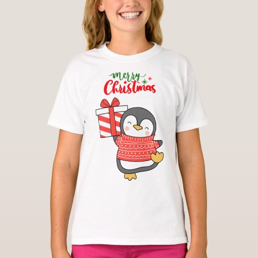 Cute Penguin Merry Kerstmis T-shirt (Voorkant)