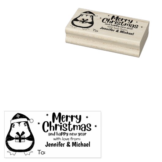 Cute Penguin Merry-Label voor kerstcadeaus Rubberstempel (Gestempeld)