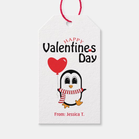 Cute Penguin met Balloon Valentijn Label (wit) Cadeaulabel (Voorkant)