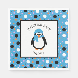 Cute Penguin met Blue Pet en Scarf op pokadots Servet