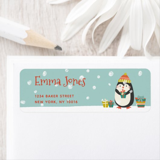 Cute Penguin met Cadeau | Aqua Green Kerstmis Etiket (Insitu)