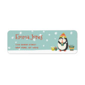 Cute Penguin met Cadeau | Aqua Green Kerstmis Etiket (Voorkant)