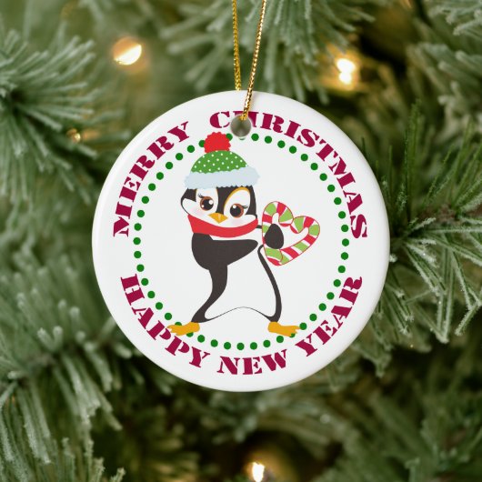 Cute Penguin met Candy Cane Heart Keramisch Ornament (Boom)