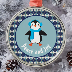 Cute Penguin met Earmuffs Peace and Joy Metalen Ornament