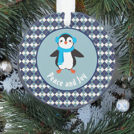 Cute Penguin met Earmuffs Peace and Joy Ornament