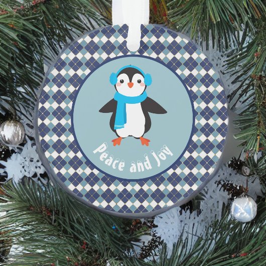 Cute Penguin met Earmuffs Peace and Joy Ornament
