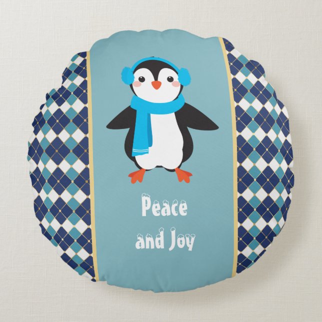 Cute Penguin met Earmuffs Peace and Joy Rond Kussen (Voorkant)