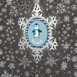 Cute Penguin met Earmuffs Peace and Joy Tin Sneeuwvlok Ornament