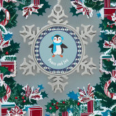 Cute Penguin met Earmuffs Peace and Joy Tin Sneeuwvlok Ornament