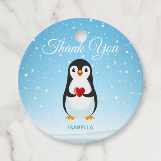 Cute Penguin met hart op lichtblauw Bedankjes Labels (Voorkant)