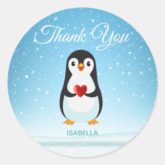 Cute Penguin met hart op lichtblauw Ronde Sticker (Voorkant)