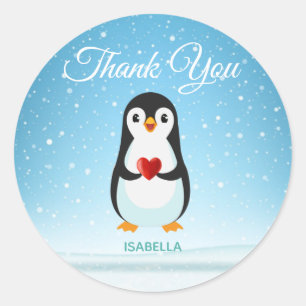 Cute Penguin met hart op lichtblauw Ronde Sticker