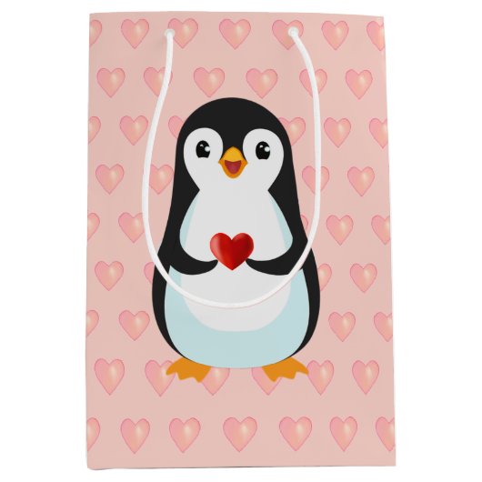 Cute Penguin met hart op lichtroze Medium Cadeauzakje (Voorkant)