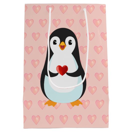 Cute Penguin met hart op lichtroze Medium Cadeauzakje (Achterkant)