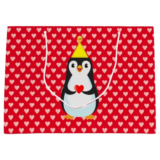 Cute Penguin met hart op rood Groot Cadeauzakje (Voorkant)