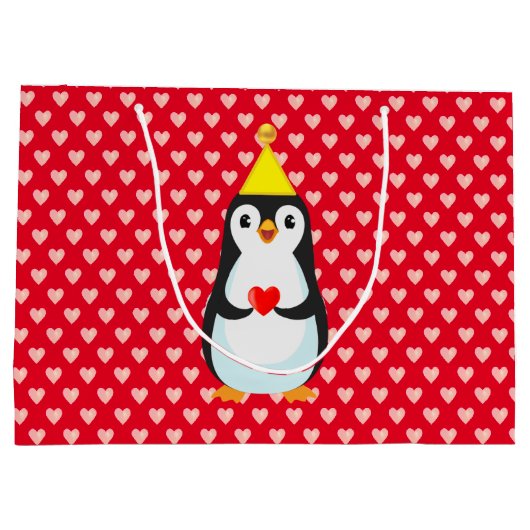 Cute Penguin met hart op rood Groot Cadeauzakje (Achterkant)