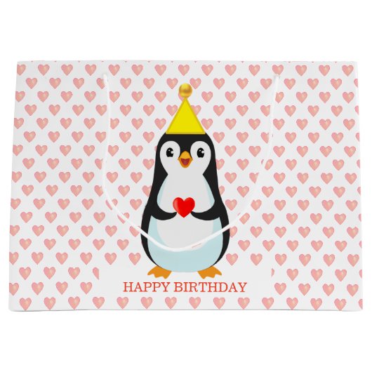 Cute Penguin met Heart Pattern Groot Cadeauzakje (Voorkant)