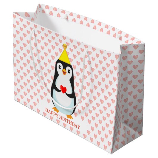 Cute Penguin met Heart Pattern Groot Cadeauzakje (Achterkant Gekanteld)