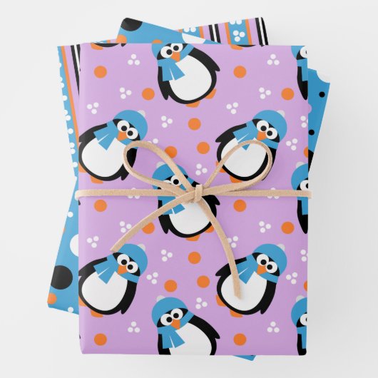 Cute Penguin met Pet en scarf Stripes Polka-Stippe Inpakpapier Vel (In situ)