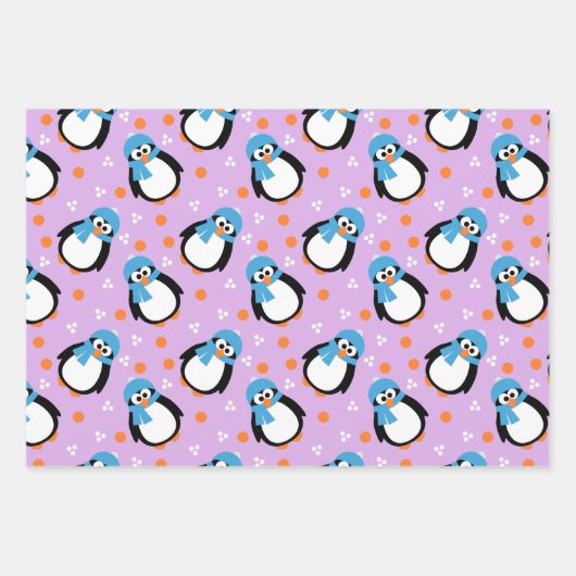 Cute Penguin met Pet en scarf Stripes Polka-Stippe Inpakpapier Vel (Voorkant)