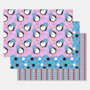 Cute Penguin met Pet en scarf Stripes Polka-Stippe Inpakpapier Vel