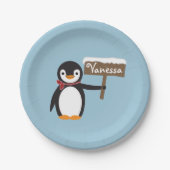 Cute Penguin met Scarf & Wooden Sign Papieren Bordje (Voorkant)