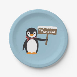 Cute Penguin met Scarf & Wooden Sign Papieren Bordje