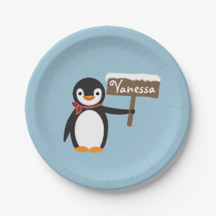 Cute Penguin met Scarf & Wooden Sign Papieren Bordje