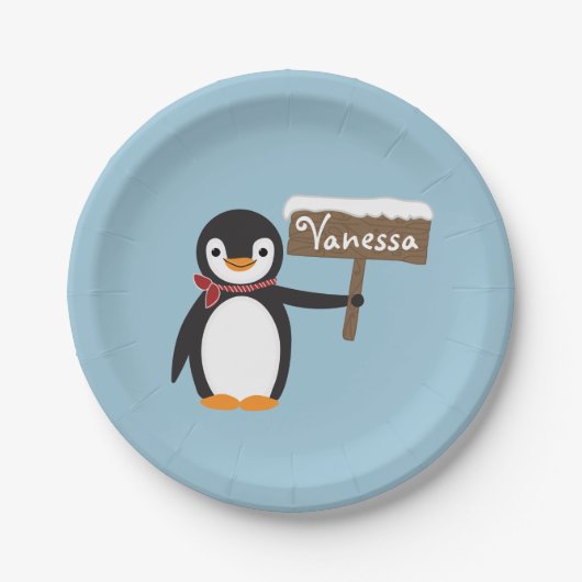 Cute Penguin met Scarf & Wooden Sign Papieren Bordje (Voorkant)