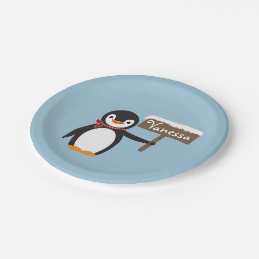 Cute Penguin met Scarf & Wooden Sign Papieren Bordje (Gekanteld)