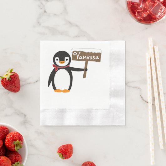 Cute Penguin met Scarf & Wooden Sign Servetten (Insitu)