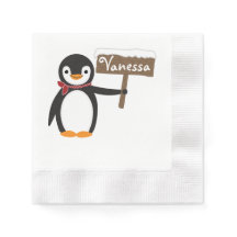 Cute Penguin met Scarf & Wooden Sign