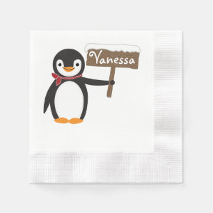 Cute Penguin met Scarf & Wooden Sign Servetten