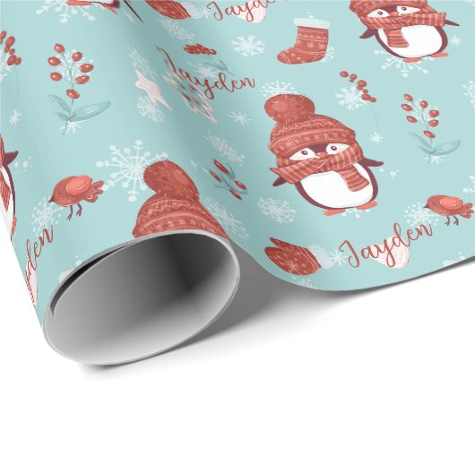 Cute Penguin Name Personalized Wrapping Paper Cadeaupapier (Rol Hoek)