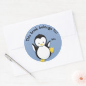Cute Penguin on Blue Book Name Bord Sticker (Envelop)