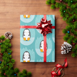 Cute Penguin on Blue Winter Cartoon Pattern Cadeaupapier