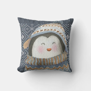 Cute Penguin on Cozy Winter Knit Pattern Kussen