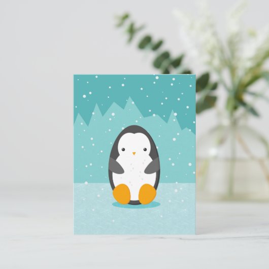 Cute Penguin on ice Blue Winter Cartoon Briefkaart (Staand voorkant)