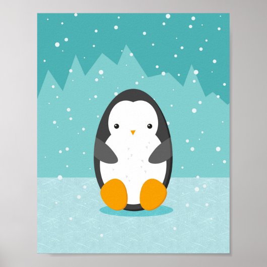 Cute Penguin on ice Blue Winter Cartoon Poster (Voorkant)