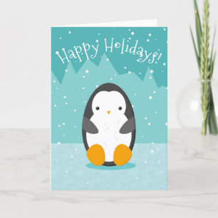 Cute Penguin op ijs Blauwe Kerstmis Feestdagen Kaart