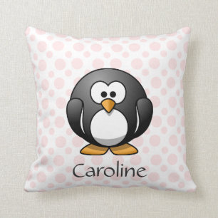 Cute Penguin op Roze Polka Dots, voeg Naam toe Kussen