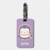Cute Penguin Paarse Girls Gepersonaliseerd Paars Bagagelabel (Achterkant verticaal)