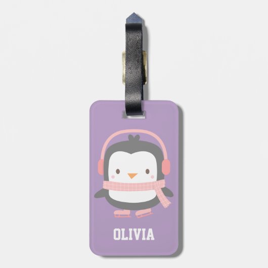 Cute Penguin Paarse Girls Gepersonaliseerd Paars Bagagelabel (Achterkant verticaal)