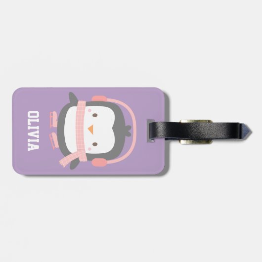 Cute Penguin Paarse Girls Gepersonaliseerd Paars Bagagelabel (Achterkant horizontaal)